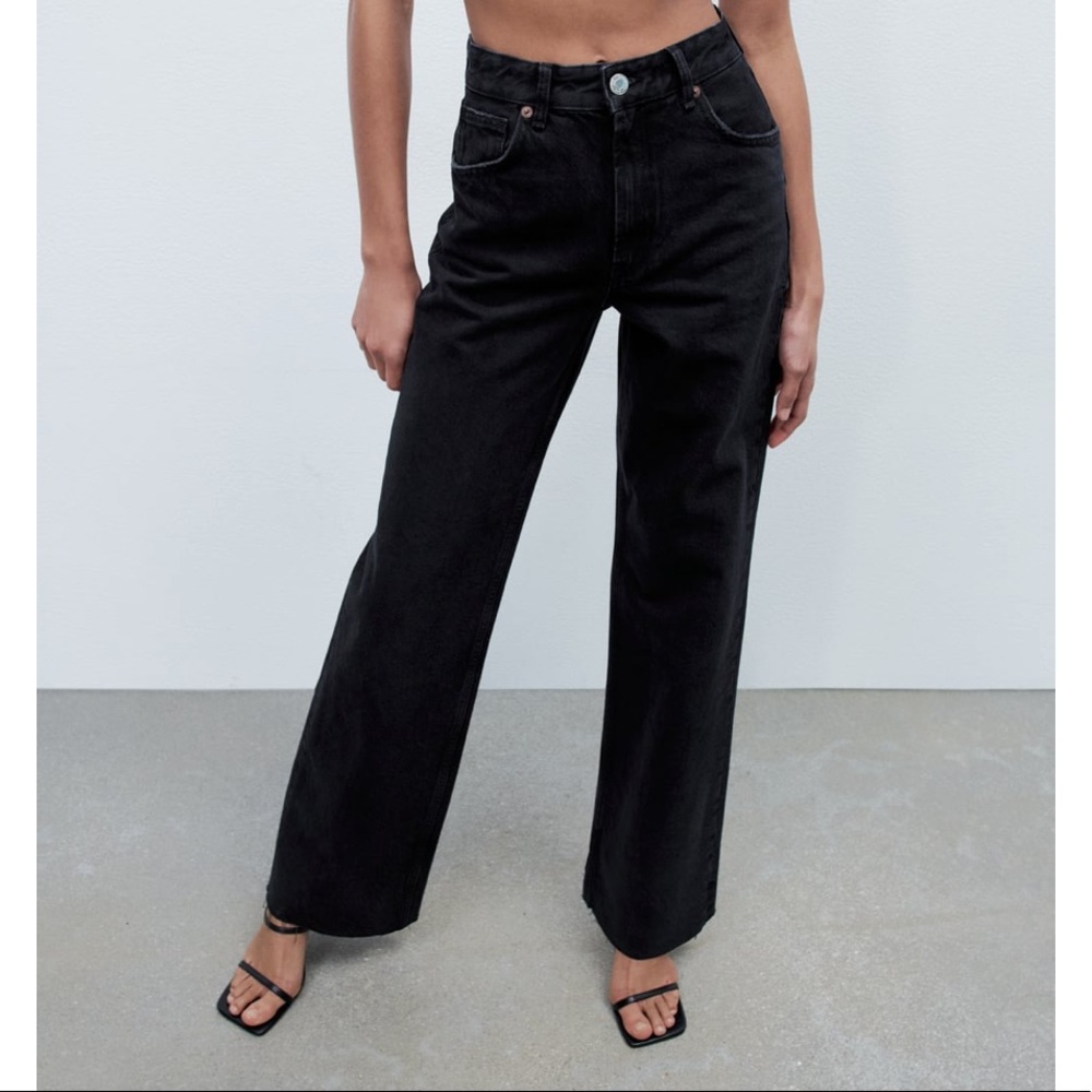NWT Zara Ultra Wide Leg Full Length Denim Jeans Black High Waist Straight 90s
